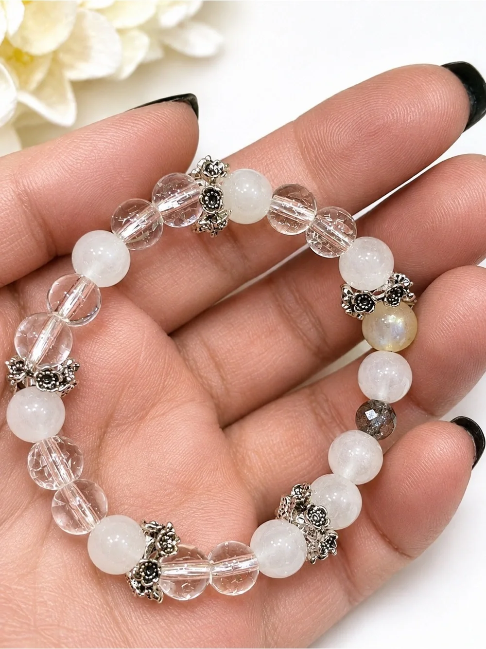 White Bead stones and Crystal Bracelet with White Stone Dangle Earrings